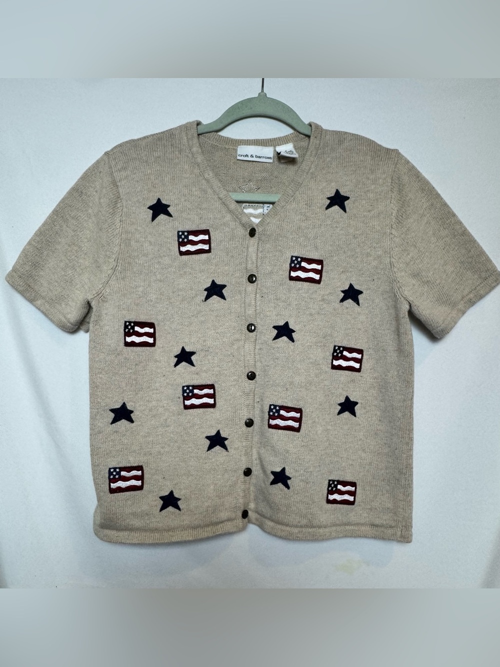 Croft & Barrow American Flag, Tan Short Sleeve Cardigan S